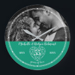 55th Wedding Anniversary heart emerald green Large Clock<br><div class="desc">Simple outline heart stone effect line art graphics emerald green and white add your own photo 55th Wedding Anniversary clock. Customise with your own 55th-anniversary couple's name, year of their wedding, and year of anniversary, plus add a landscape photograph of your anniversary couple. The fifty-fifth wedding anniversary is associated with...</div>