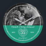 55th Wedding Anniversary heart emerald green Large Clock<br><div class="desc">Simple outline heart stone effect line art graphics emerald green and white add your own photo 55th Wedding Anniversary clock. Customise with your own 55th-anniversary couple's name, year of their wedding, and year of anniversary, plus add a landscape photograph of your anniversary couple. The fifty-fifth wedding anniversary is associated with...</div>
