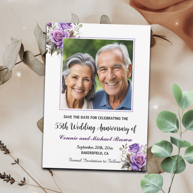 55th Wedding Anniversary Purple Roses Photo Save The Date (Creator Uploaded)