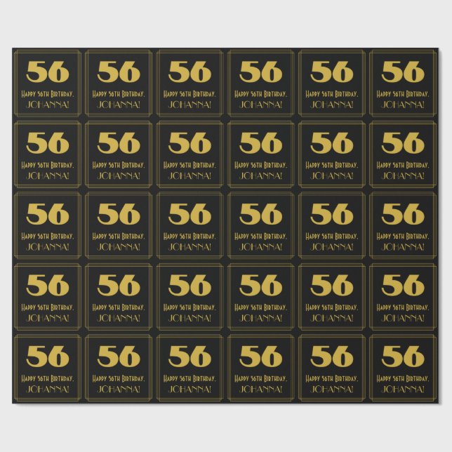 56th Birthday – Art Deco Inspired Look "56" & Name Wrapping Paper (Flat)