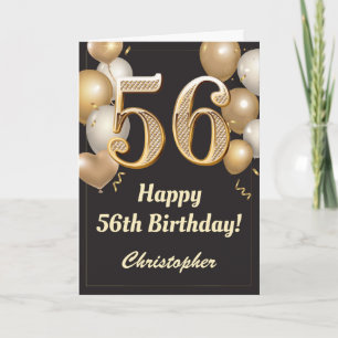 56th Birthday Black and Gold Balloons Confetti Card
