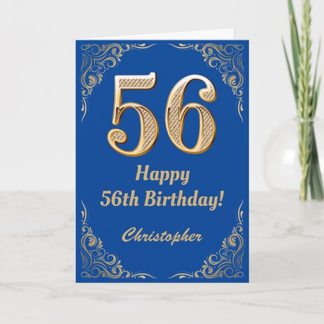 56th Birthday Blue and Gold Glitter Frame Card (Front)