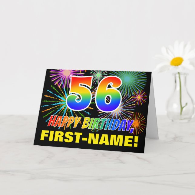 56th Birthday: Bold, Fun, Fireworks, Rainbow 56 Card (Small Plant)