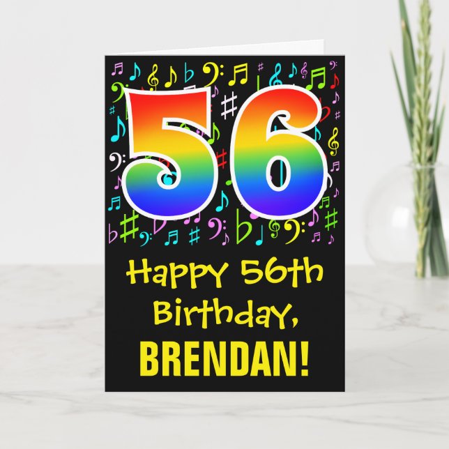 56th Birthday: Colorful Music Symbols + Rainbow 56 Card (Front)