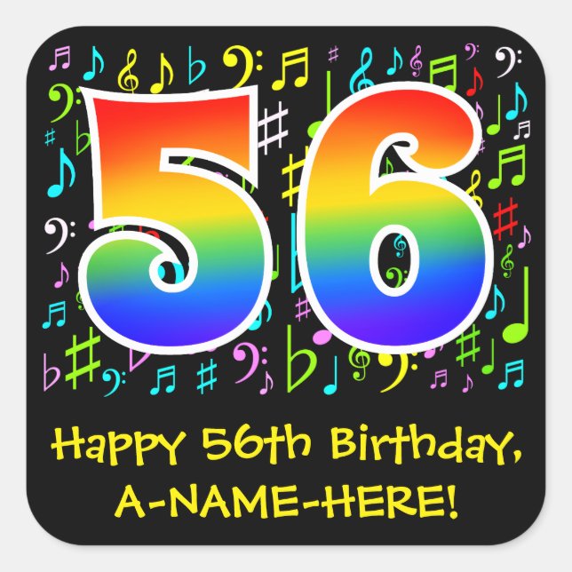 56th Birthday: Colourful Music Symbols, Rainbow 56 Square Sticker (Front)