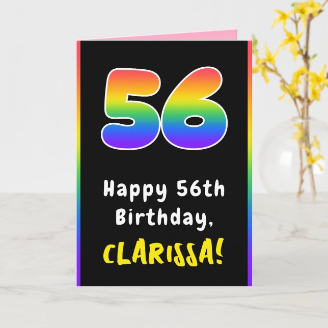 56th Birthday: Colourful Rainbow # 56, Custom Name Card (Yellow Flower)