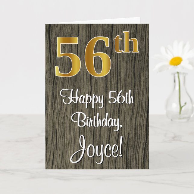 56th Birthday: Elegant Faux Gold Look #, Faux Wood Card (Small Plant)