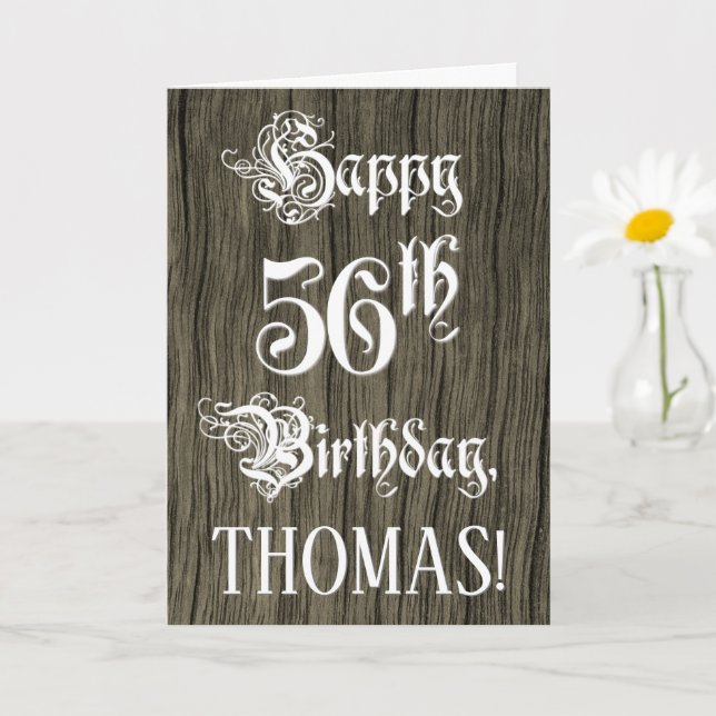 56th Birthday: Fancy, Elegant Text; Faux Wood Look Card (Small Plant)