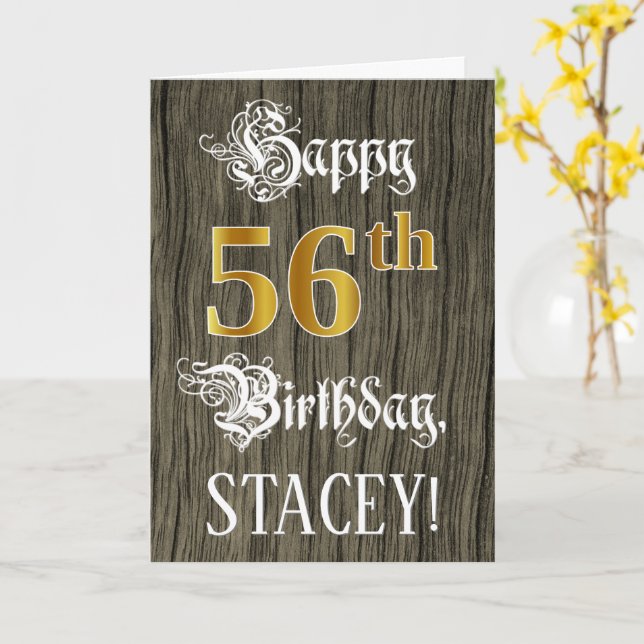 56th Birthday: Faux Gold Look + Faux Wood Pattern Card (Yellow Flower)