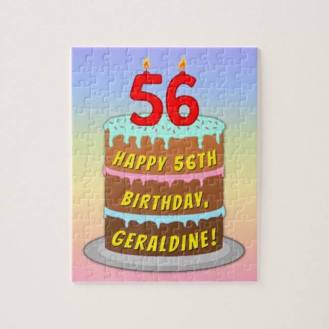 56th Birthday: Fun Cake and Candles + Custom Name Jigsaw Puzzle (Vertical)