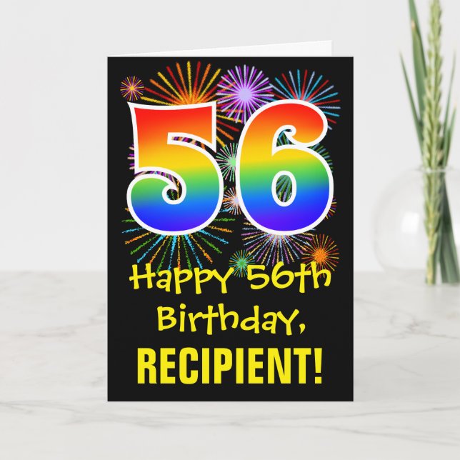 56th Birthday: Fun Fireworks Pattern + Rainbow 56 Card (Front)