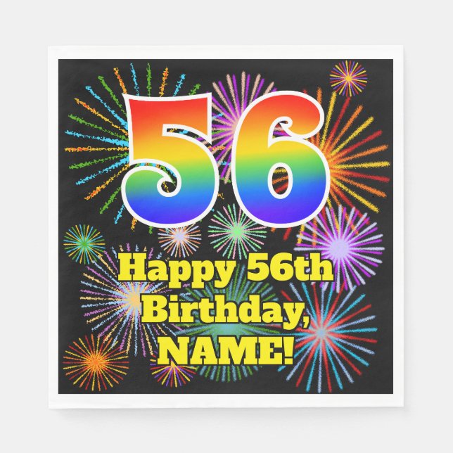56th Birthday: Fun Fireworks Pattern + Rainbow 56 Napkin (Front)