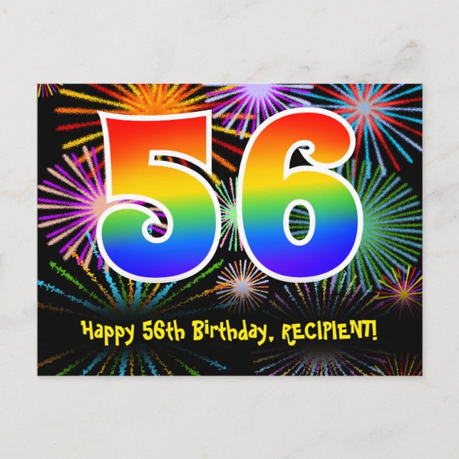 56th Birthday – Fun Fireworks Pattern + Rainbow 56 Postcard (Front)