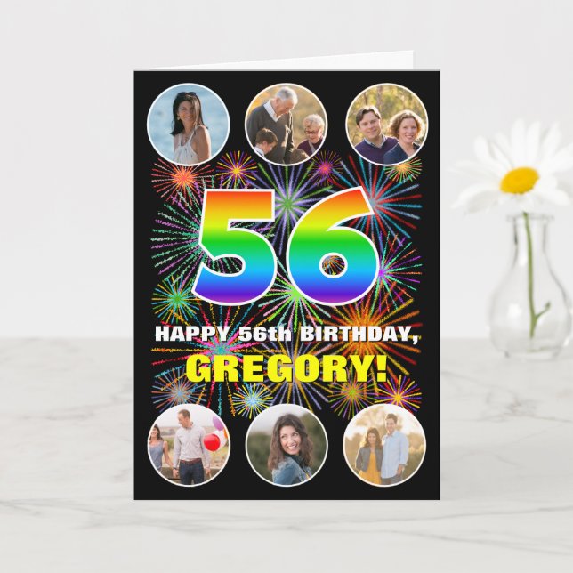 56th Birthday: Fun Rainbow #, Custom Name & Photos Card (Small Plant)
