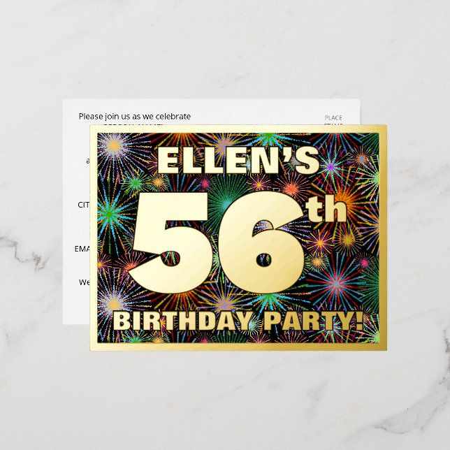56th Birthday Party: Bold, Colourful Fireworks Loo Foil Invitation Postcard (Front/Back)