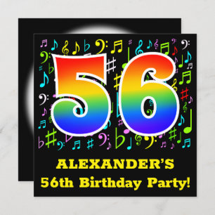 56th Birthday Party: Fun Music Symbols, Rainbow 56 Invitation