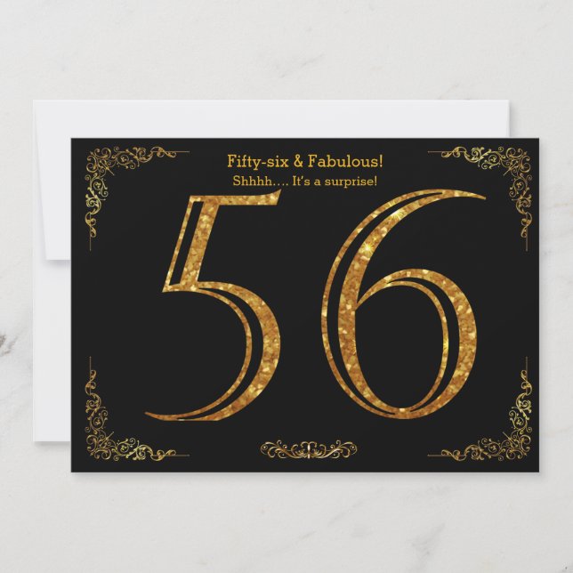56th Birthday party,Gatsby styl,black gold glitter Invitation (Front)