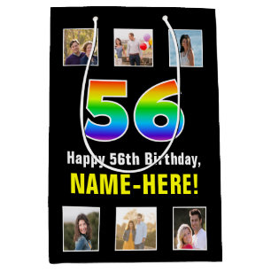 56th Birthday: Rainbow “56“, Custom Photos & Name Medium Gift Bag