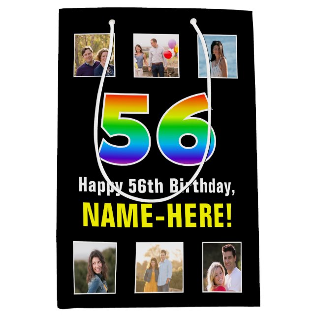 56th Birthday: Rainbow “56“, Custom Photos & Name Medium Gift Bag (Front)