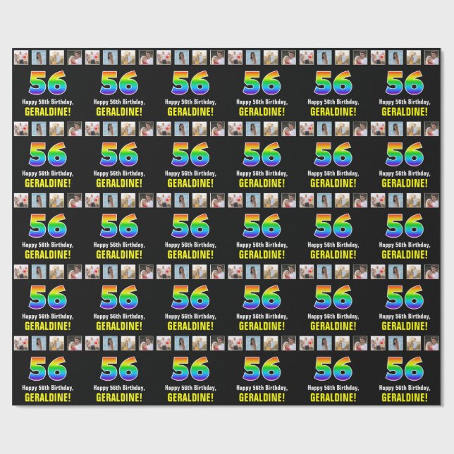 56th Birthday: Rainbow “56“; Custom Photos & Name Wrapping Paper (Flat)