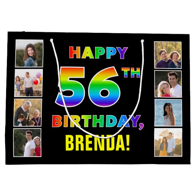 56th Birthday: Rainbow Text, Custom Photos & Name Large Gift Bag (Back)