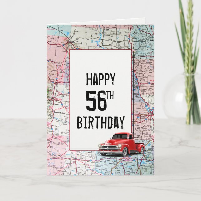 56th Birthday Red Retro Truck on Map Card (Front)