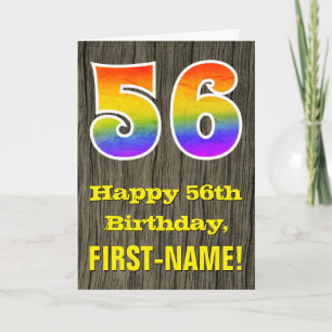 56th Birthday: Rustic Faux Wood Look, Rainbow "56" Card