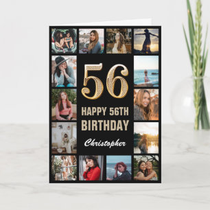 56th Happy Birthday Black and Gold Photo Collage Card