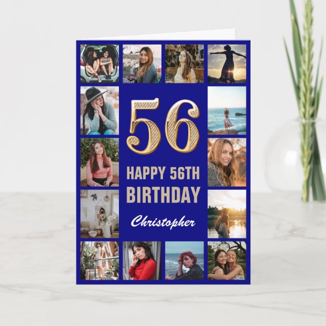 56th Happy Birthday Navy Blue & Gold Photo Collage Card (Front)