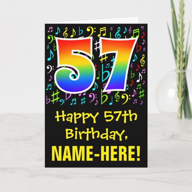 57th Birthday: Colorful Music Symbols + Rainbow 57 Card (Front)