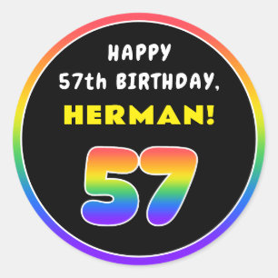 57th Birthday: Colorful Rainbow # 57, Custom Name Classic Round Sticker