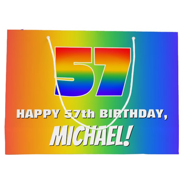 57th Birthday: Colourful, Fun Rainbow Pattern # 57 Large Gift Bag (Back)