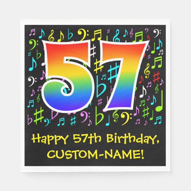 57th Birthday - Colourful Music Symbols, Rainbow 5 Napkin (Front)