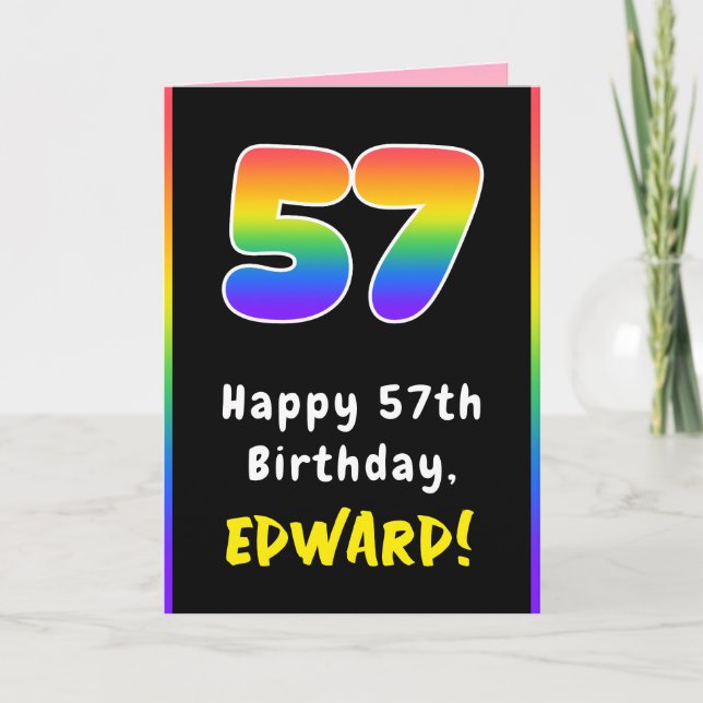 57th Birthday: Colourful Rainbow # 57, Custom Name Card (Front)