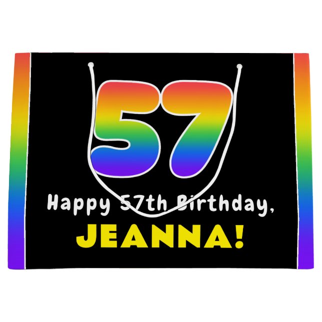 57th Birthday: Colourful Rainbow # 57, Custom Name Large Gift Bag (Front)