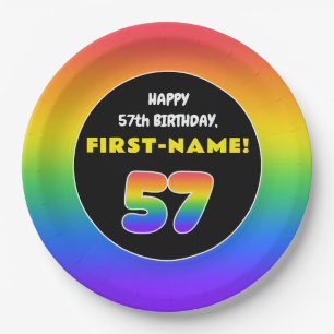 57th Birthday: Colourful Rainbow # 57, Custom Name Paper Plate