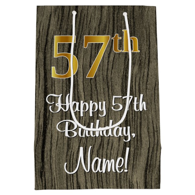 57th Birthday: Elegant Faux Gold Look #, Faux Wood Medium Gift Bag (Back)