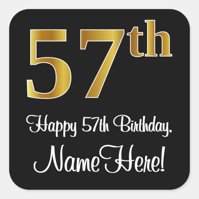 57th Birthday – Elegant Luxurious Faux Gold Look # Square Sticker (Front)