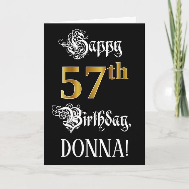 57th Birthday — Fancy Script; Faux Gold Look; Name Card (Front)