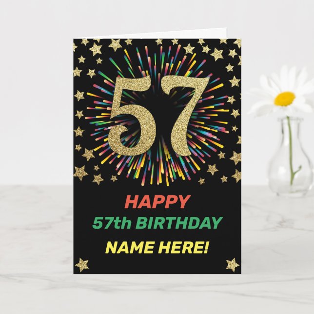 57th Birthday Firework Rainbow Gold Happy Birthday Card (Small Plant)