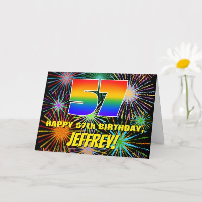 57th Birthday: Fun, Colourful Celebratory Firework Card (Small Plant)