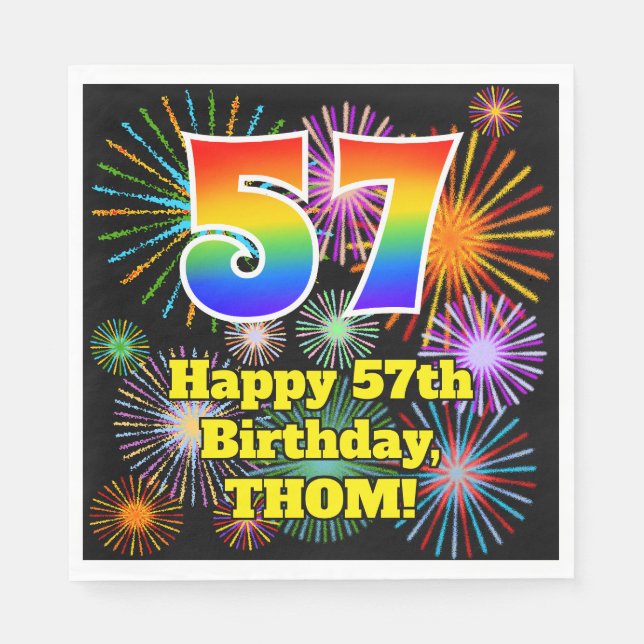 57th Birthday: Fun Fireworks Pattern + Rainbow 57 Napkin (Front)