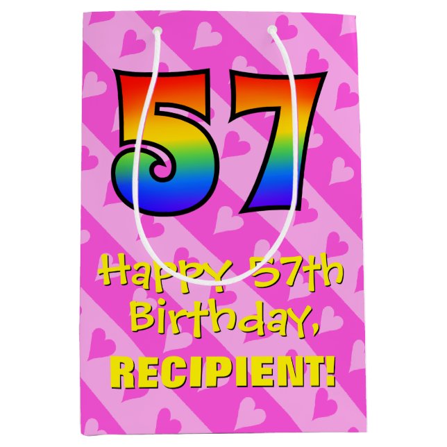 57th Birthday: Fun Pink Hearts Stripes; Rainbow 57 Medium Gift Bag (Front)