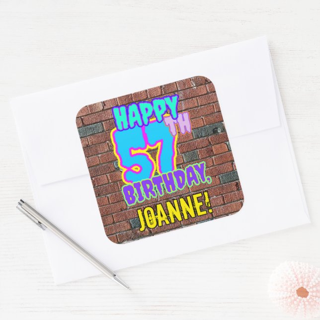 57th Birthday – Fun, Urban Graffiti Inspired Look Square Sticker (Envelope)