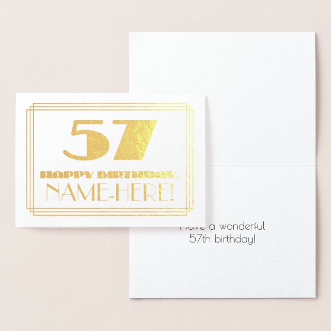 57th Birthday; Name + Art Deco Inspired Look "57" Foil Card (Display)