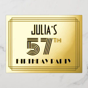 57th Birthday Party ~ Art Deco Style “57” + Name Foil Invitation Postcard