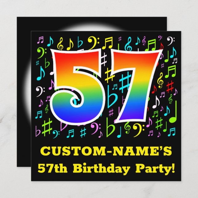 57th Birthday Party: Fun Music Symbols, Rainbow 57 Invitation (Front/Back)