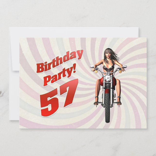 57th birthday party with a girl on a motorbike invitation (Front)