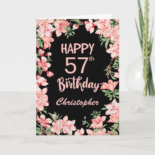 57th Birthday Pink Peach Watercolor Floral Black Card (Front)