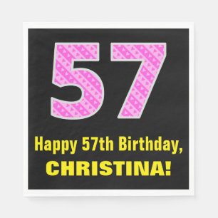 57th Birthday: Pink Stripes and Hearts "57" + Name Napkin
